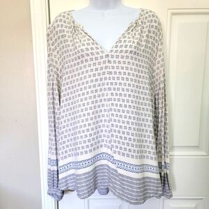 GAP White Blue Print Flowy V Neck Long Sleeve Women's Blouse Casual Size XL